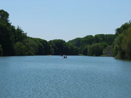 Ein Blick aufs Wasser. Am Ufer der Groov stehen dichte grüne Bäume und auf dem Wasser sind Menschen mit Tretbooten unterwegs.