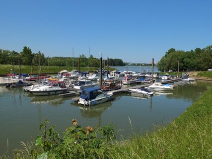 In einem kleinen Yachthafen liegen an Holzstegen viele kleine Boote. Der Hafen ist umgeben von Wiesen und Bäumen, im Hintergrund sieht man die Ausfahrt zum Fluss.