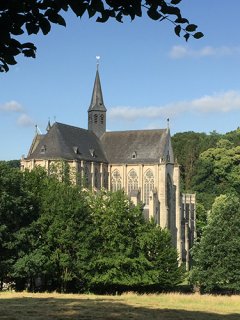 Der gotische Altenberger Dom ragt erhaben aus einer Gruppe von Bäumen heraus.