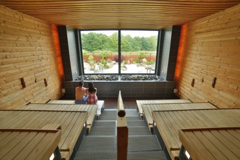 In einer Sauna sind die Sitzbereiche stufenförmig hin zu einem großen Panoramafenster angeordnet. Ein Mann und eine Frau sitzen auf der untersten Stufe und schauen in den Garten hinaus.