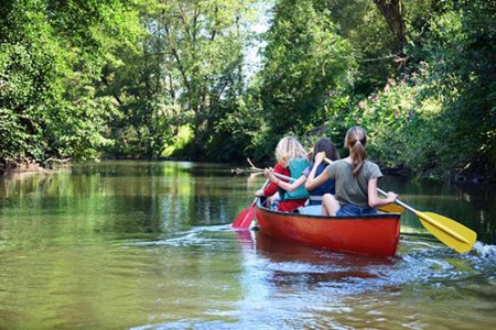 Eine Frau und zwei Mädchen paddeln in einem roten Kanu die Sieg entlang. Das Wasser schimmert braungrün, die Bäume am Ufer leuchten hellgrün in der Sonne.
